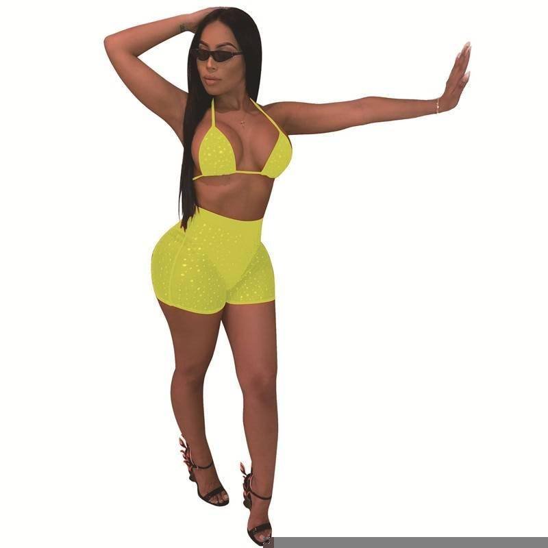 Bling Rhinestones Mesh Two 2 Piece Set Women Halter Bra Crop Top See Through Hollow Hot Shorts Summer Beach Sexy 2 Pcs Outfits