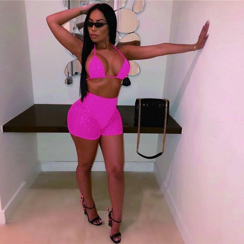 Bling Rhinestones Mesh Two 2 Piece Set Women Halter Bra Crop Top See Through Hollow Hot Shorts Summer Beach Sexy 2 Pcs Outfits