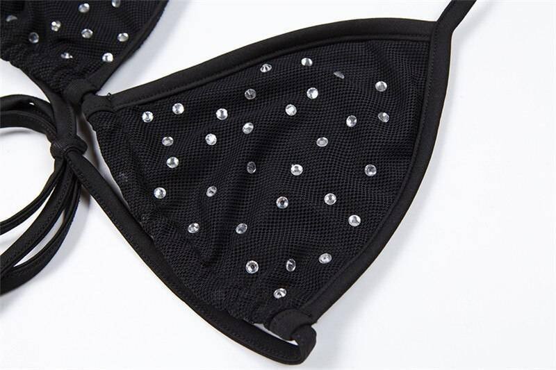Bling Rhinestones Mesh Two 2 Piece Set Women Halter Bra Crop Top See Through Hollow Hot Shorts Summer Beach Sexy 2 Pcs Outfits