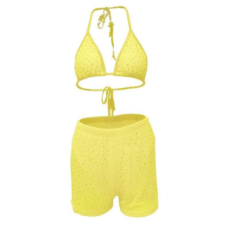 Bling Rhinestones Mesh Two 2 Piece Set Women Halter Bra Crop Top See Through Hollow Hot Shorts Summer Beach Sexy 2 Pcs Outfits