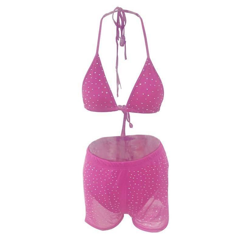 Bling Rhinestones Mesh Two 2 Piece Set Women Halter Bra Crop Top See Through Hollow Hot Shorts Summer Beach Sexy 2 Pcs Outfits