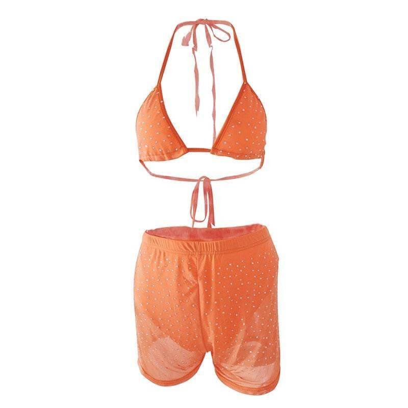 Bling Rhinestones Mesh Two 2 Piece Set Women Halter Bra Crop Top See Through Hollow Hot Shorts Summer Beach Sexy 2 Pcs Outfits