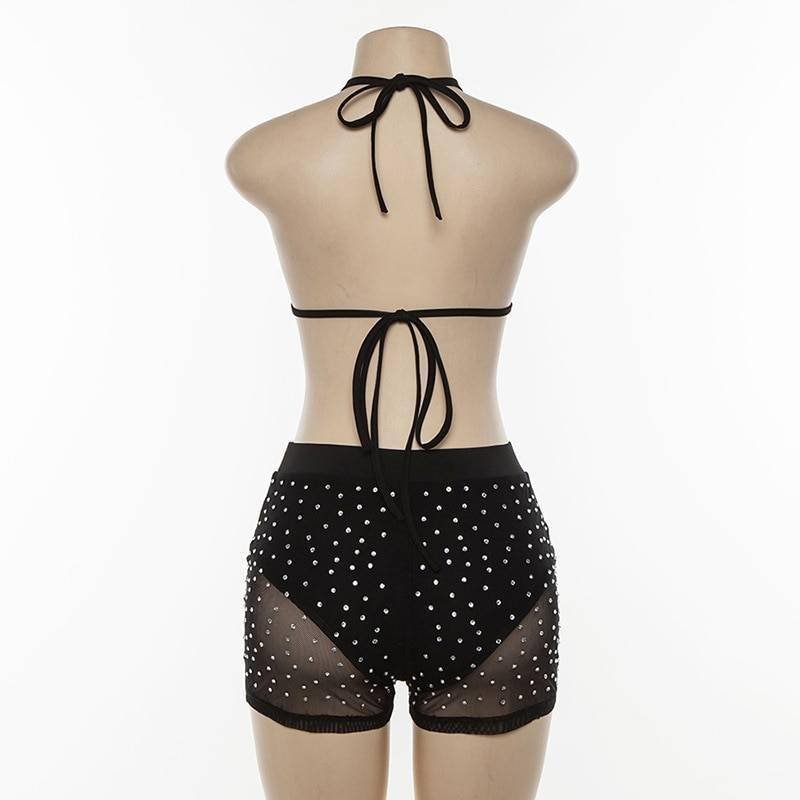 Bling Rhinestones Mesh Two 2 Piece Set Women Halter Bra Crop Top See Through Hollow Hot Shorts Summer Beach Sexy 2 Pcs Outfits