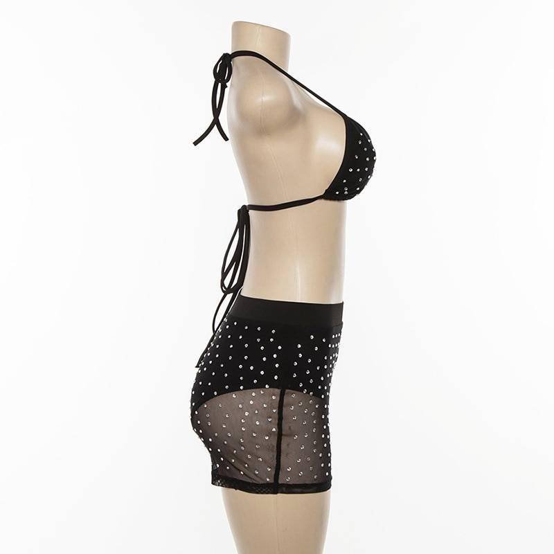 Bling Rhinestones Mesh Two 2 Piece Set Women Halter Bra Crop Top See Through Hollow Hot Shorts Summer Beach Sexy 2 Pcs Outfits