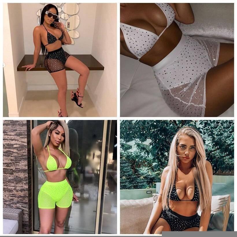 Bling Rhinestones Mesh Two 2 Piece Set Women Halter Bra Crop Top See Through Hollow Hot Shorts Summer Beach Sexy 2 Pcs Outfits