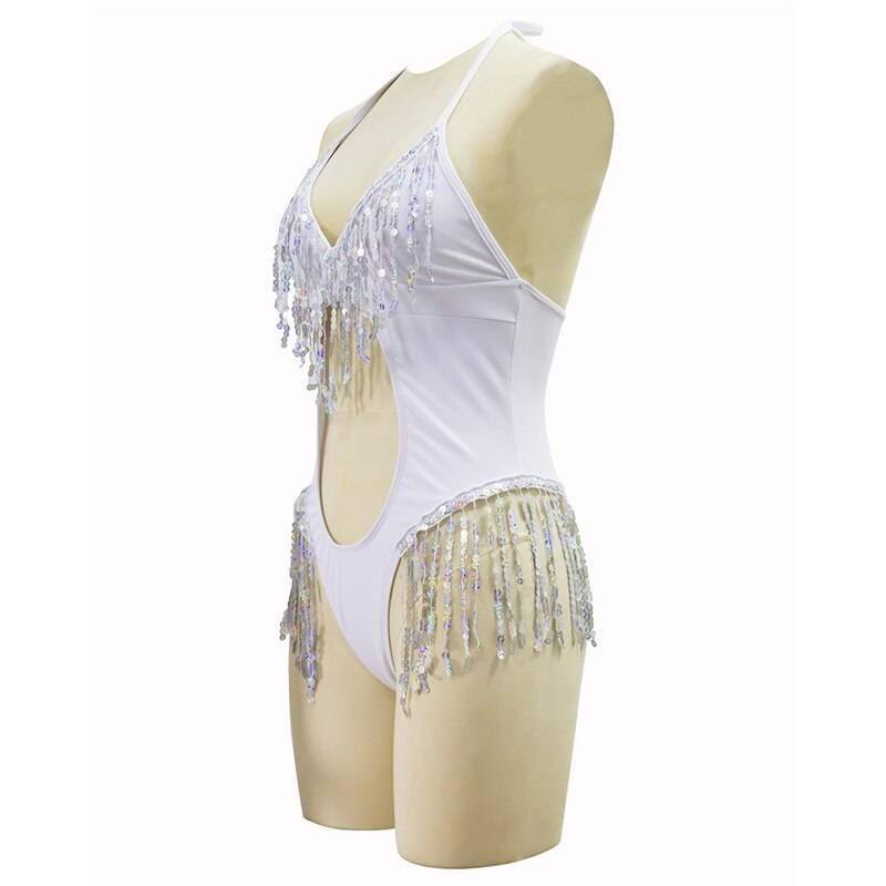 Glitter Sequins Tassel White Bodysuit Deep V Neck Hollow Out Backless High Cut Bodycon Jumpsuit Sexy Ladies Overalls Club Party