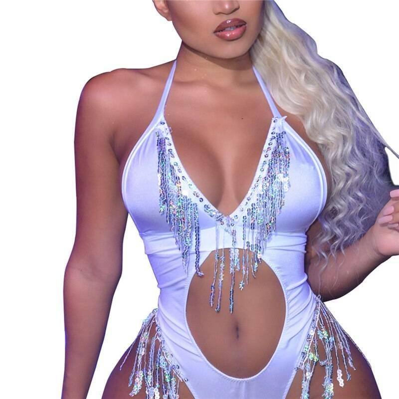 Glitter Sequins Tassel White Bodysuit Deep V Neck Hollow Out Backless High Cut Bodycon Jumpsuit Sexy Ladies Overalls Club Party