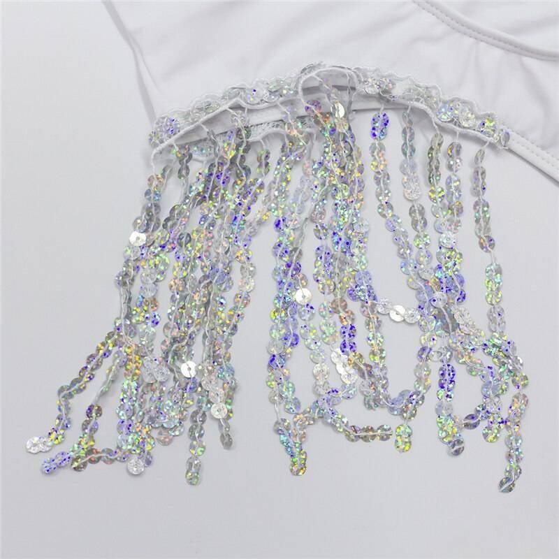 Glitter Sequins Tassel White Bodysuit Deep V Neck Hollow Out Backless High Cut Bodycon Jumpsuit Sexy Ladies Overalls Club Party