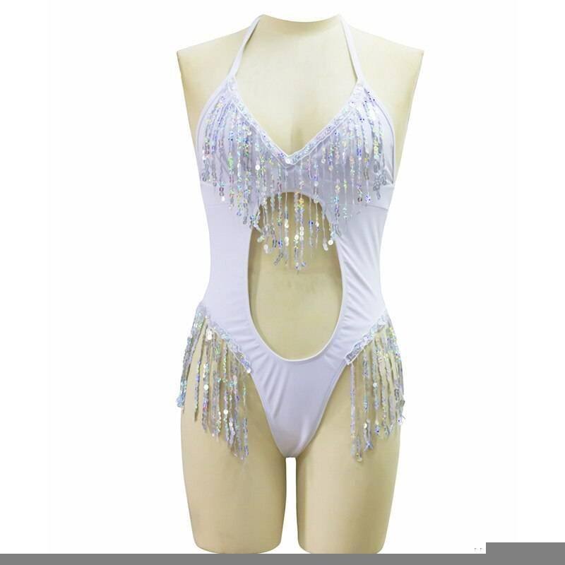 Glitter Sequins Tassel White Bodysuit Deep V Neck Hollow Out Backless High Cut Bodycon Jumpsuit Sexy Ladies Overalls Club Party