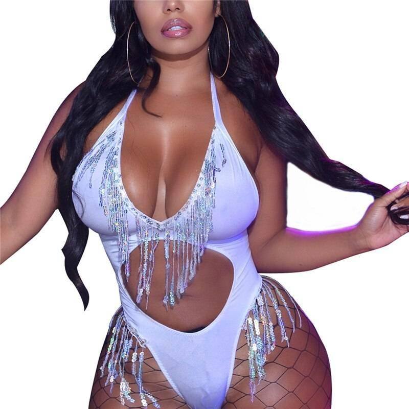 Glitter Sequins Tassel White Bodysuit Deep V Neck Hollow Out Backless High Cut Bodycon Jumpsuit Sexy Ladies Overalls Club Party