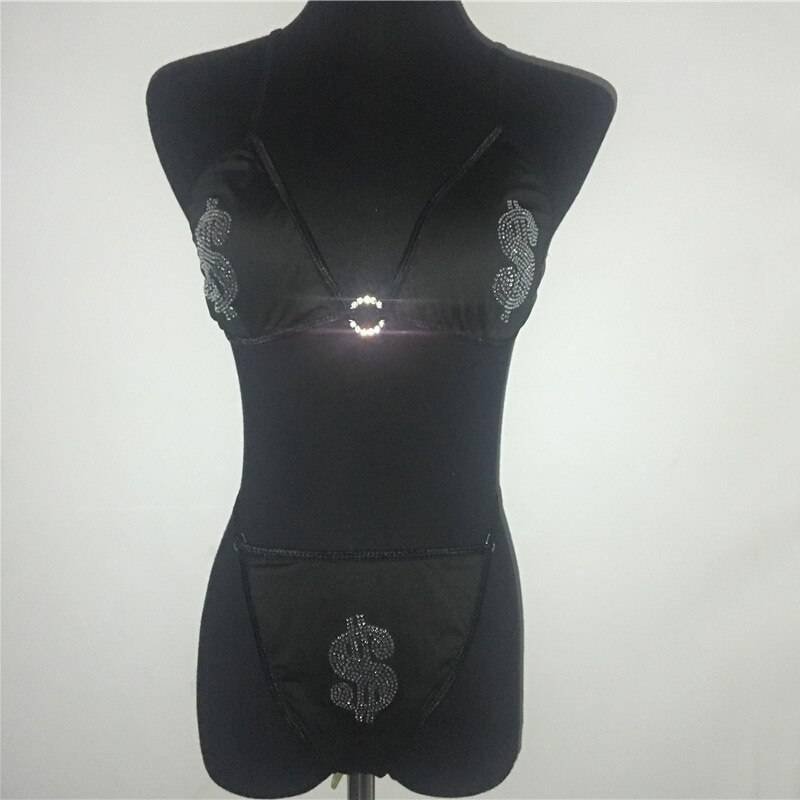 Black Glitter Rhinestones Triangle Swimsuits Lace Up Thong Bikinis Sexy Women Tight Bathing Suit Two Piece Beachwear Fashion