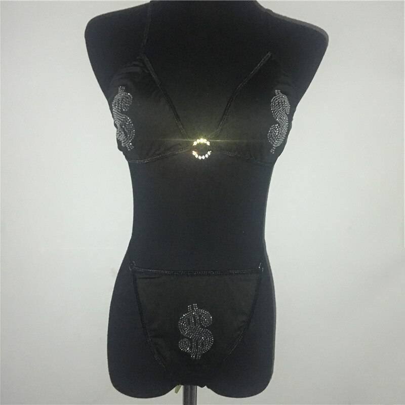 Black Glitter Rhinestones Triangle Swimsuits Lace Up Thong Bikinis Sexy Women Tight Bathing Suit Two Piece Beachwear Fashion