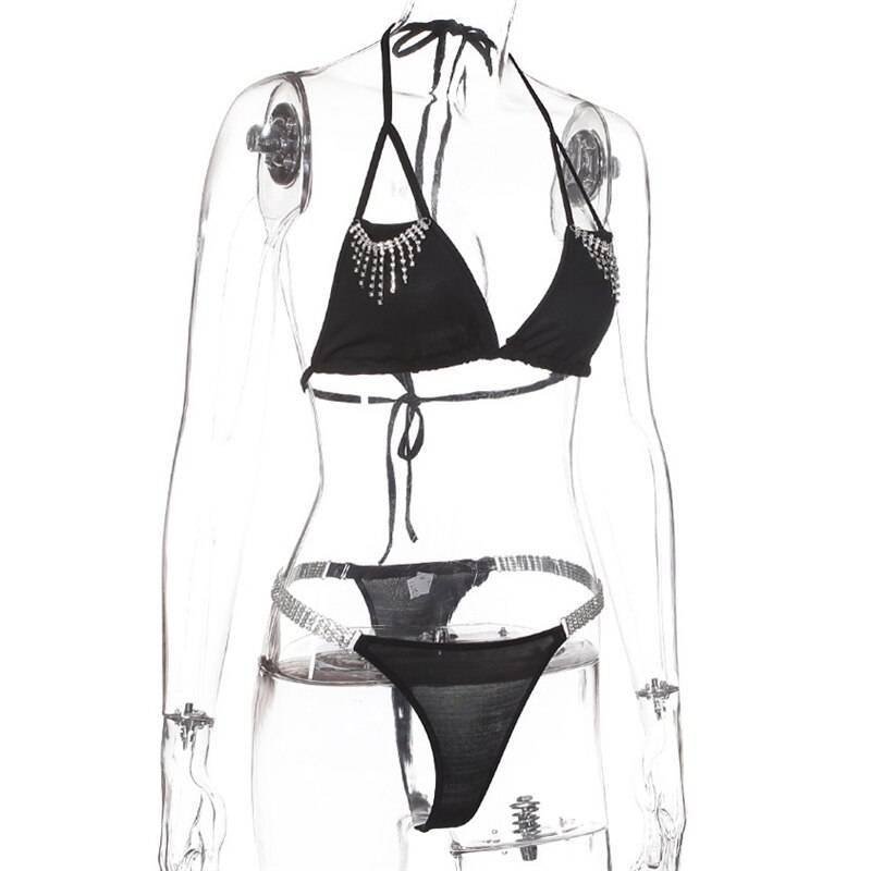 Black Glitter Rhinestones Triangle Swimsuits Lace Up Thong Bikinis Sexy Women Tight Bathing Suit Two Piece Beachwear Fashion