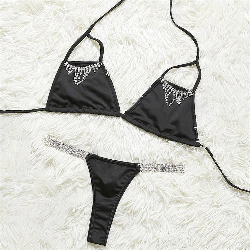 Black Glitter Rhinestones Triangle Swimsuits Lace Up Thong Bikinis Sexy Women Tight Bathing Suit Two Piece Beachwear Fashion