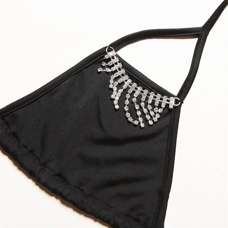 Black Glitter Rhinestones Triangle Swimsuits Lace Up Thong Bikinis Sexy Women Tight Bathing Suit Two Piece Beachwear Fashion