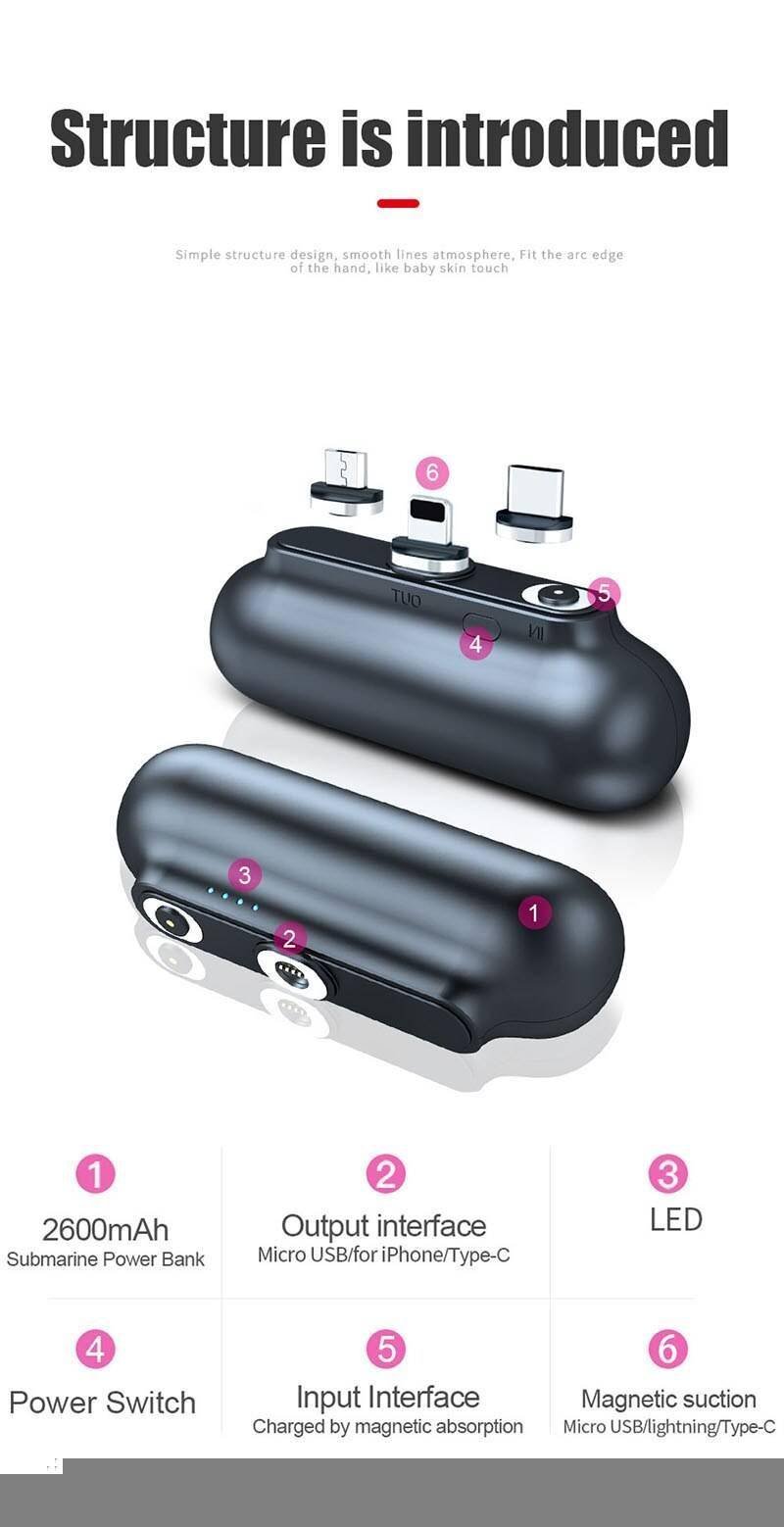 Garas Mini Magnetic Charger Power Bank Micro USB Type C 2600mAh Portable Battery Charger for 3 in1 Mobile phone Charger Magetic