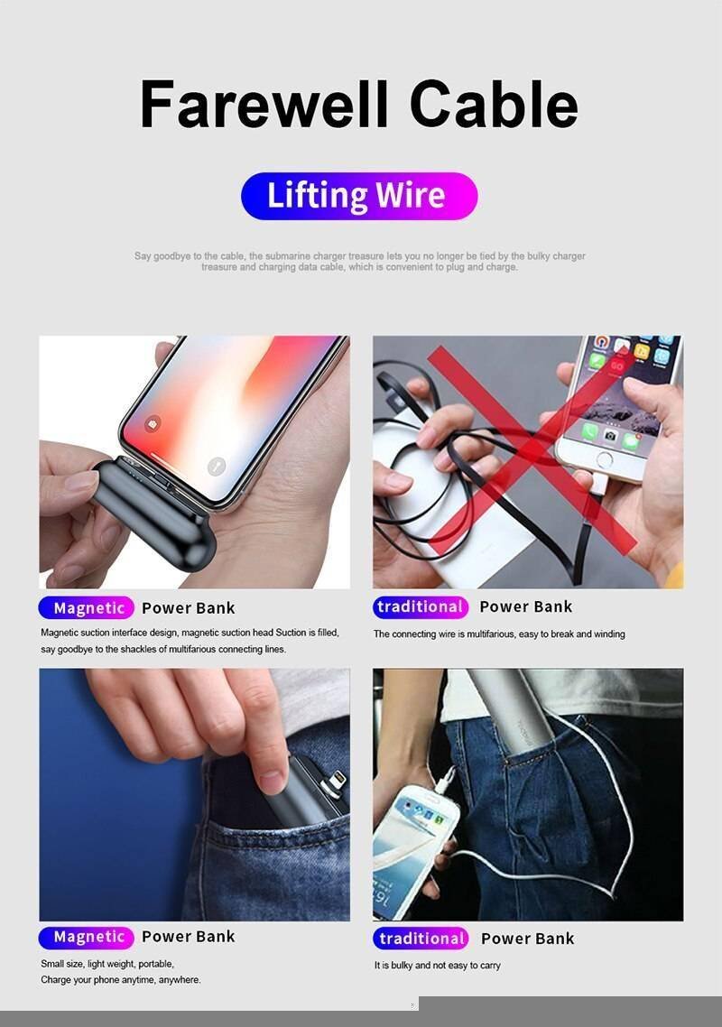 Garas Mini Magnetic Charger Power Bank Micro USB Type C 2600mAh Portable Battery Charger for 3 in1 Mobile phone Charger Magetic