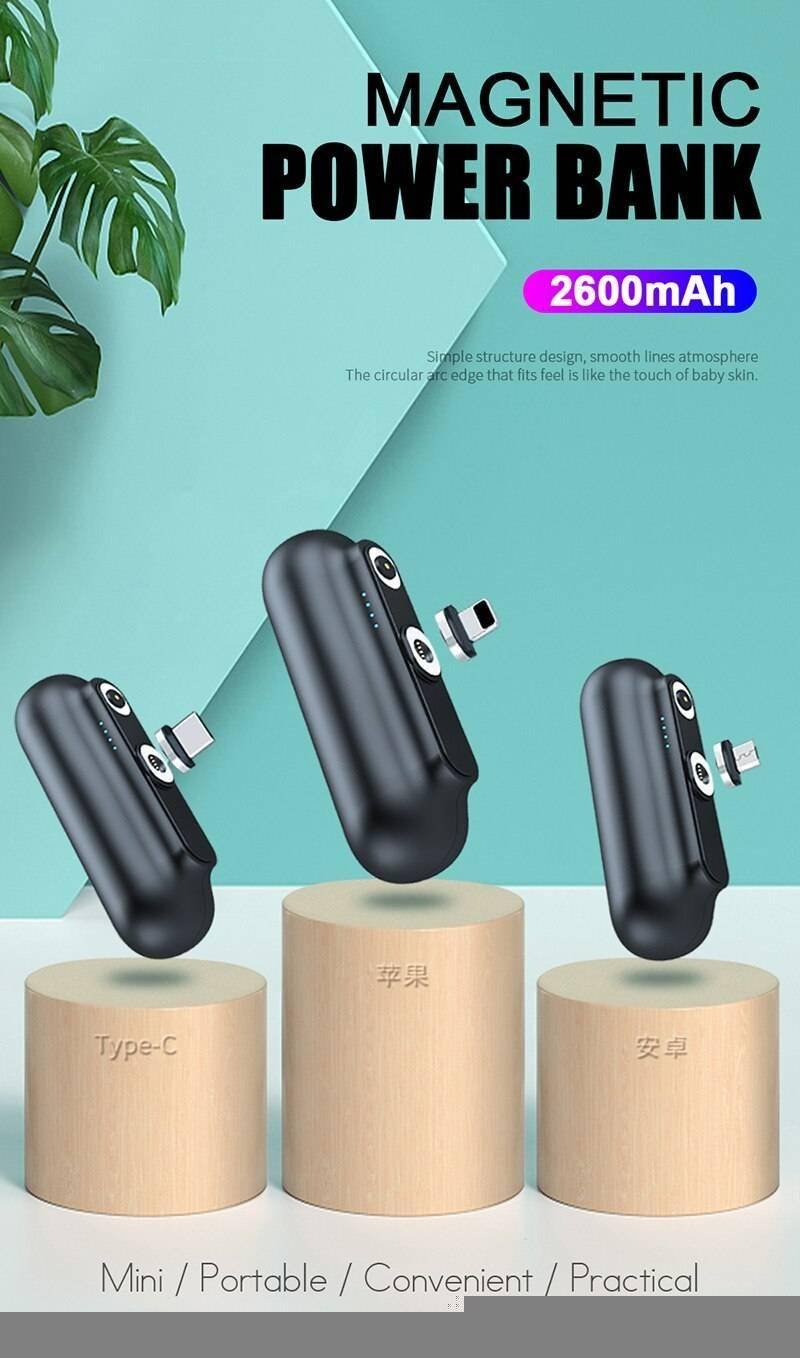 Garas Mini Magnetic Charger Power Bank Micro USB Type C 2600mAh Portable Battery Charger for 3 in1 Mobile phone Charger Magetic