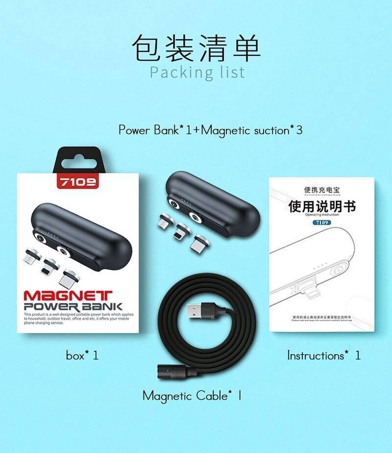 Garas Mini Magnetic Charger Power Bank Micro USB Type C 2600mAh Portable Battery Charger for 3 in1 Mobile phone Charger Magetic