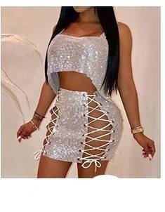 Glitter Rhinestone Fishnet 2 Piece Outfits Halter Sleeveless Crop Tops Sexy Plaid Mini Skirts Summer Women Matchiing Sets Party