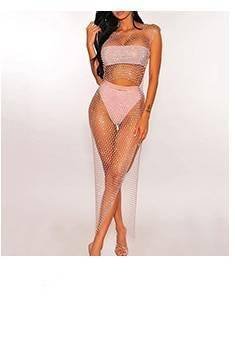 Glitter Rhinestone Fishnet 2 Piece Outfits Halter Sleeveless Crop Tops Sexy Plaid Mini Skirts Summer Women Matchiing Sets Party