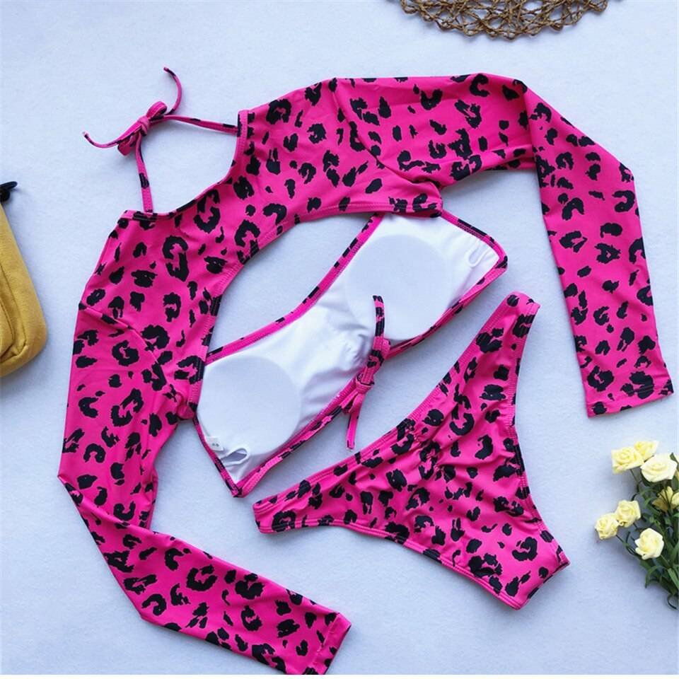 Leopard Swimsuit Sexy Bikinis 2020 Women Summer Beach Bathing Suit Women Long Sleeve Sunscreen Triangle Bikini Set Women