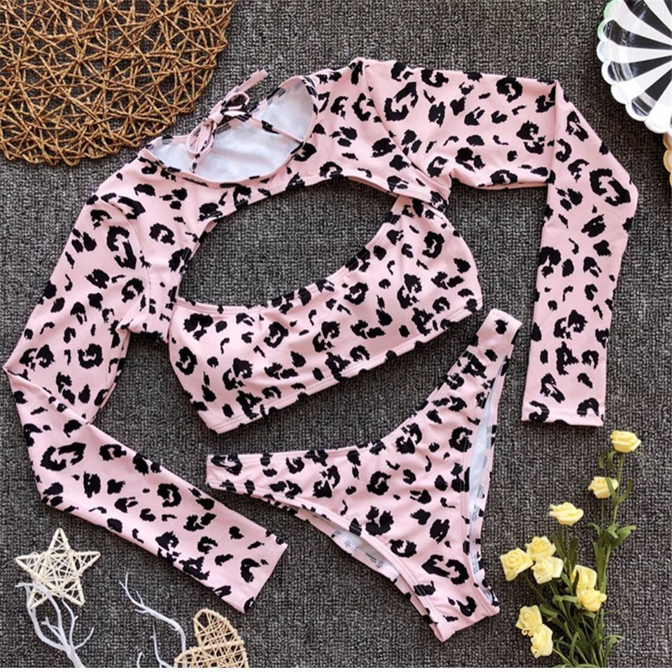 Leopard Swimsuit Sexy Bikinis 2020 Women Summer Beach Bathing Suit Women Long Sleeve Sunscreen Triangle Bikini Set Women