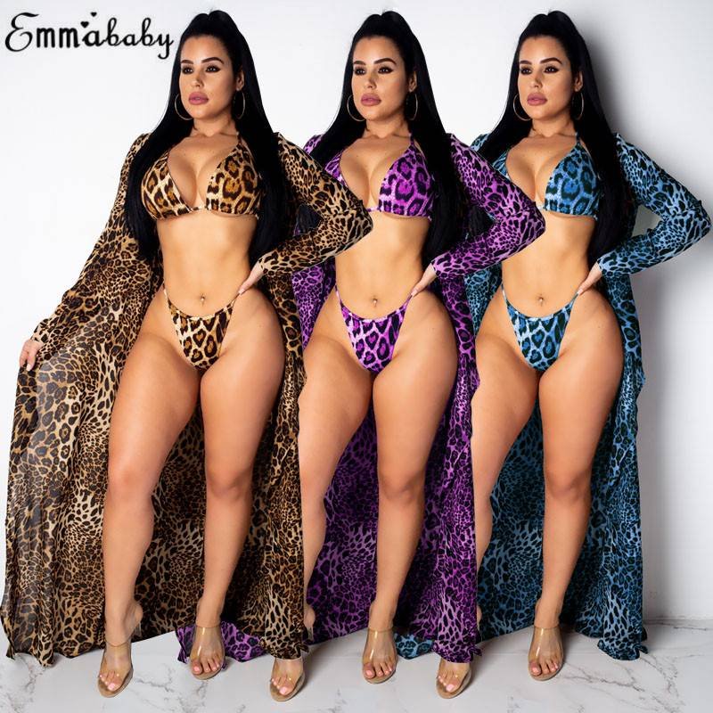 2019 New Hot Sexy Fashion Bra Girls Female Lady Leopard Bikini Set+Beach Cover Ups 3 Piece Swimsuit Summer Swimwear