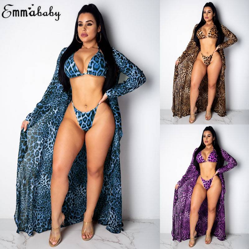 2019 New Hot Sexy Fashion Bra Girls Female Lady Leopard Bikini Set+Beach Cover Ups 3 Piece Swimsuit Summer Swimwear