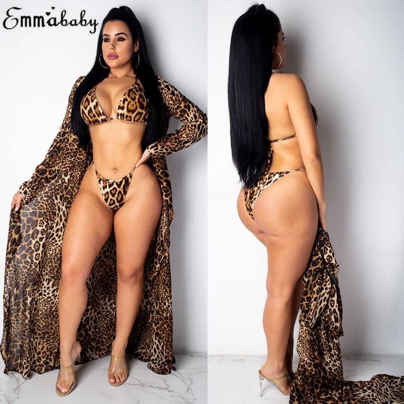 2019 New Hot Sexy Fashion Bra Girls Female Lady Leopard Bikini Set+Beach Cover Ups 3 Piece Swimsuit Summer Swimwear