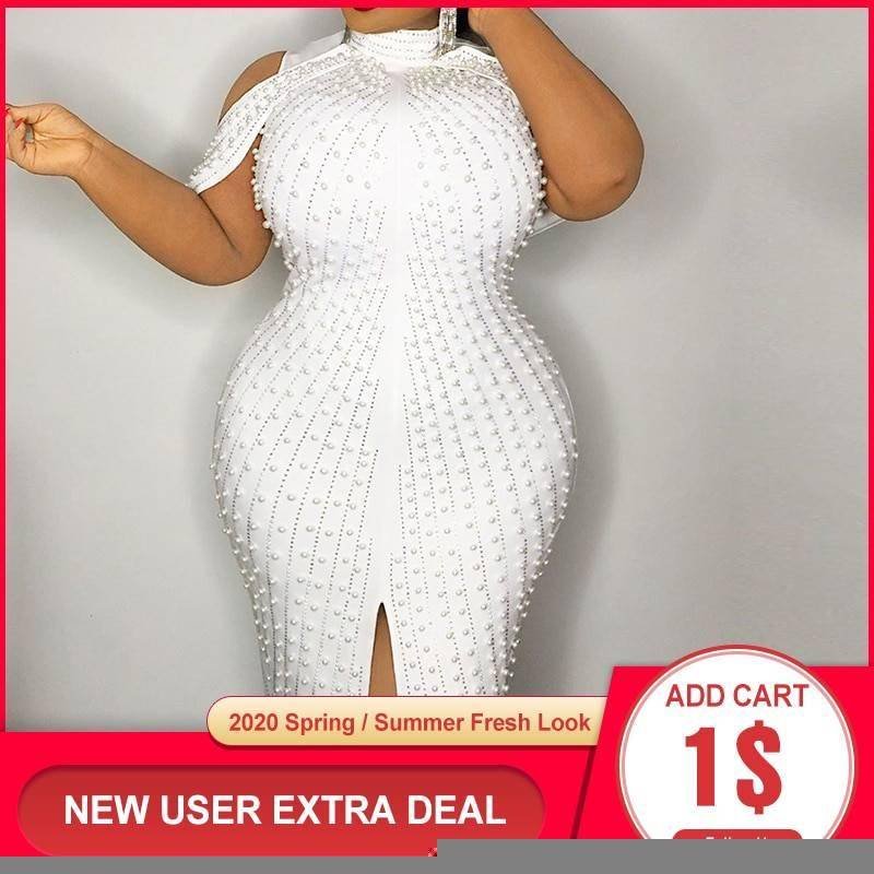 Beading White Plus Size Bodycon Dress 5xl 2020 Sexy Party Dinner Club Midi Dresses Robe Elegant Split Female Vestidos Summer