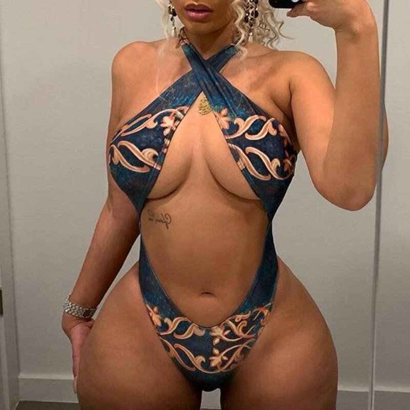 Vintage print swimsuit one piece 2020 Hollow out bodysuits monokini Backless swimwear women Halter bathing suit Summer bathers