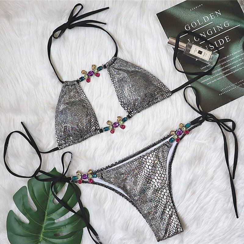 2021 Snake Skin Halter Diamond Bikini women Hollow out Swimsuit female Thong Swimwear Rhinestone Bikini Set Bathing Suit Swim 2021 Snake Skin Halter Diamond Bikini women Hollow out Swimsuit female Thong Swimwear Rhinestone Bikini Set Bathing Suit Swim