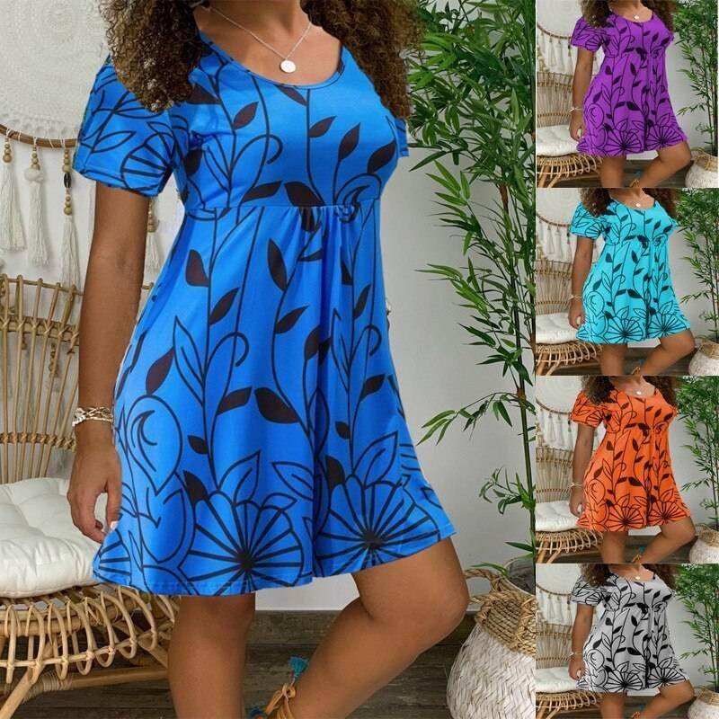2021 New Summer Dresses Women Casual Short Sleeve O-Neck Print A-line Dress Large Size Streetwear Sundress Loose Dress Vestidos