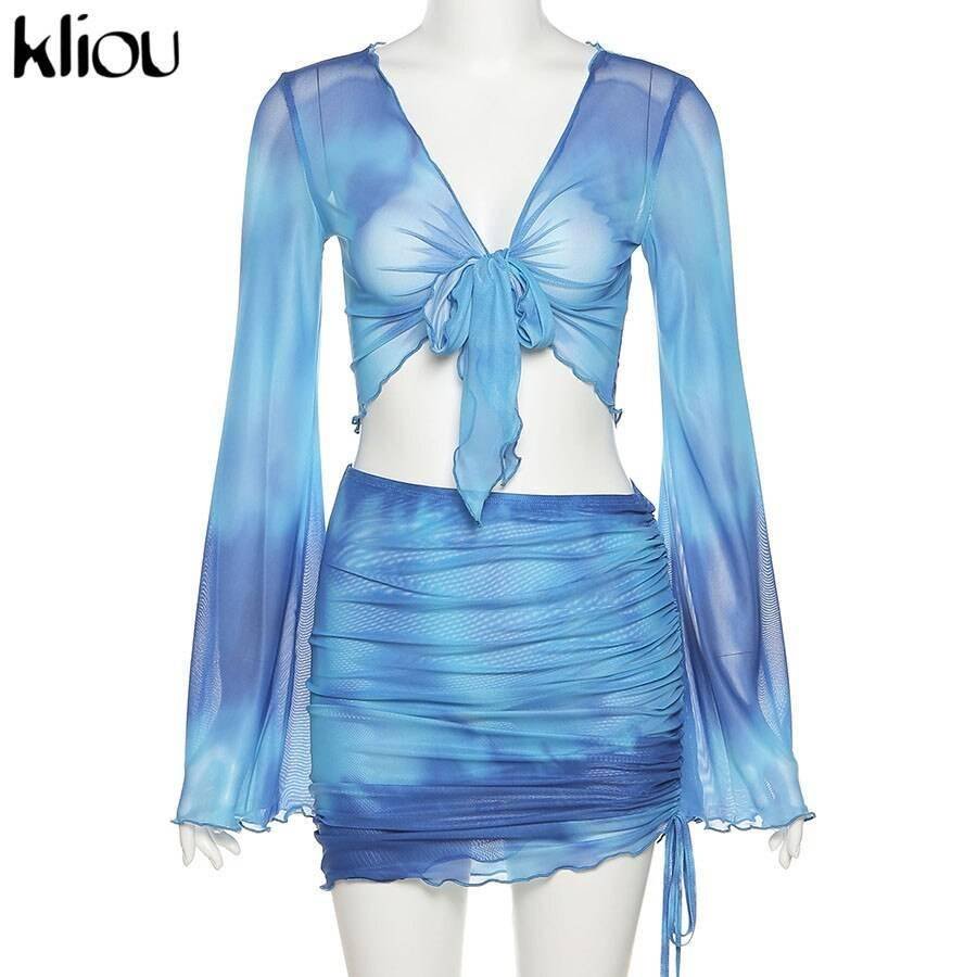 Kliou Printed Mesh Tie Up Top+Skirt Matching Sets Flare Long Sleeve Holiday Club Outfit For Women Casual Drawstring 2 Piece Set
