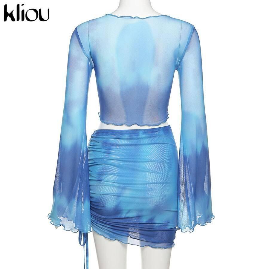 Kliou Printed Mesh Tie Up Top+Skirt Matching Sets Flare Long Sleeve Holiday Club Outfit For Women Casual Drawstring 2 Piece Set