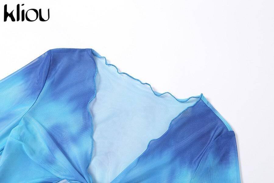 Kliou Printed Mesh Tie Up Top+Skirt Matching Sets Flare Long Sleeve Holiday Club Outfit For Women Casual Drawstring 2 Piece Set