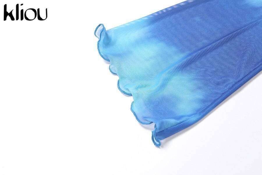 Kliou Printed Mesh Tie Up Top+Skirt Matching Sets Flare Long Sleeve Holiday Club Outfit For Women Casual Drawstring 2 Piece Set