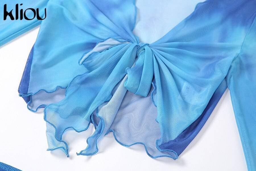 Kliou Printed Mesh Tie Up Top+Skirt Matching Sets Flare Long Sleeve Holiday Club Outfit For Women Casual Drawstring 2 Piece Set