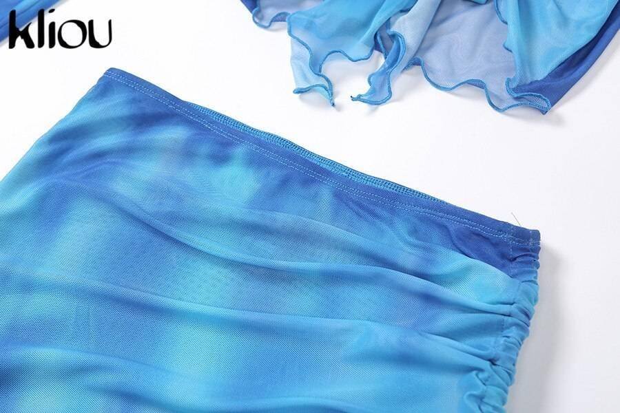 Kliou Printed Mesh Tie Up Top+Skirt Matching Sets Flare Long Sleeve Holiday Club Outfit For Women Casual Drawstring 2 Piece Set