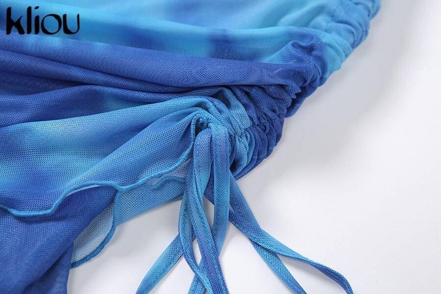 Kliou Printed Mesh Tie Up Top+Skirt Matching Sets Flare Long Sleeve Holiday Club Outfit For Women Casual Drawstring 2 Piece Set