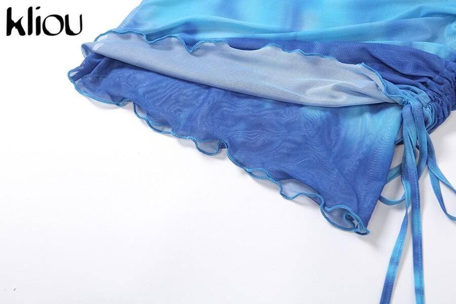 Kliou Printed Mesh Tie Up Top+Skirt Matching Sets Flare Long Sleeve Holiday Club Outfit For Women Casual Drawstring 2 Piece Set