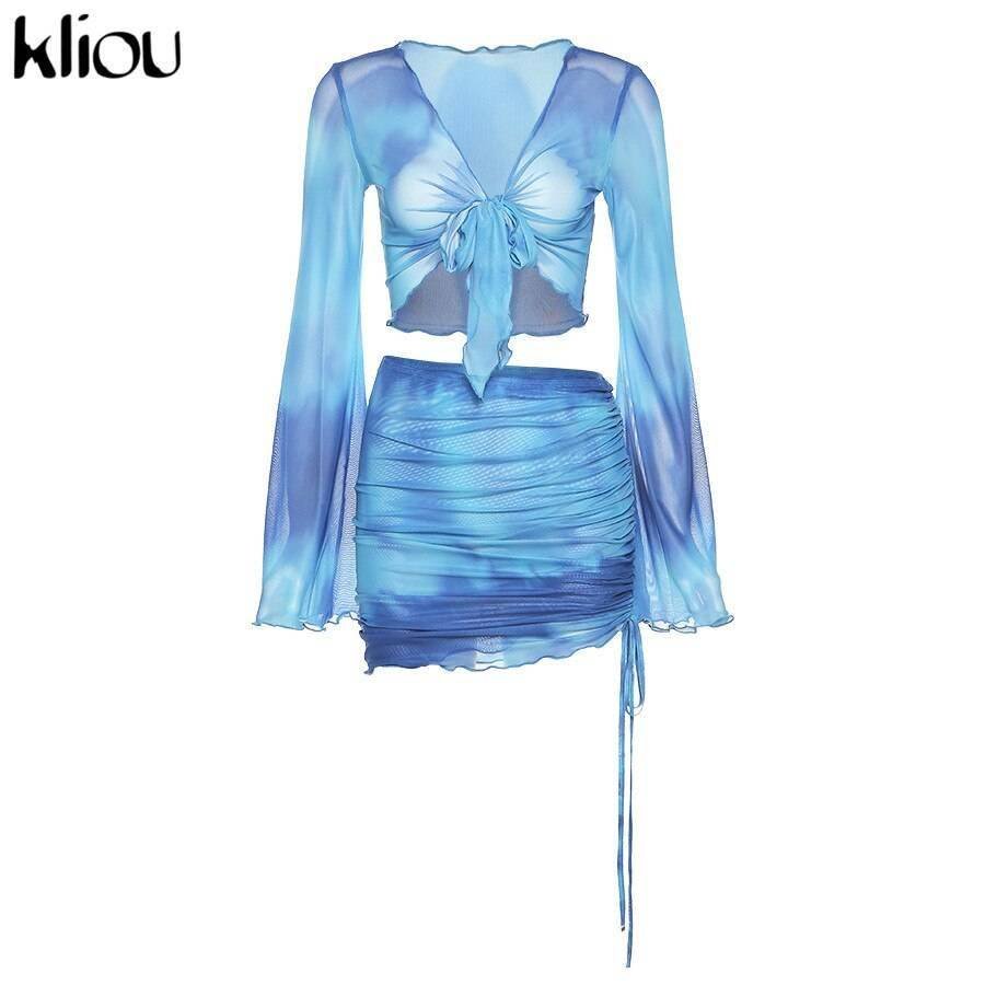 Kliou Printed Mesh Tie Up Top+Skirt Matching Sets Flare Long Sleeve Holiday Club Outfit For Women Casual Drawstring 2 Piece Set