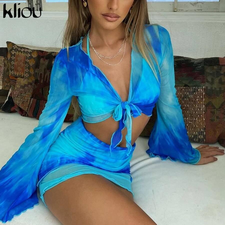 Kliou Printed Mesh Tie Up Top+Skirt Matching Sets Flare Long Sleeve Holiday Club Outfit For Women Casual Drawstring 2 Piece Set
