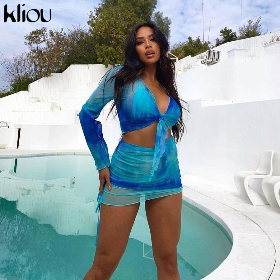 Kliou Printed Mesh Tie Up Top+Skirt Matching Sets Flare Long Sleeve Holiday Club Outfit For Women Casual Drawstring 2 Piece Set