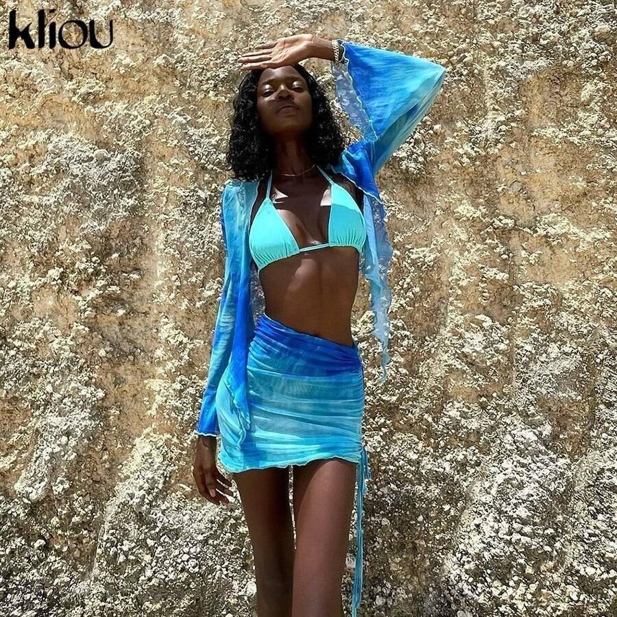 Kliou Printed Mesh Tie Up Top+Skirt Matching Sets Flare Long Sleeve Holiday Club Outfit For Women Casual Drawstring 2 Piece Set