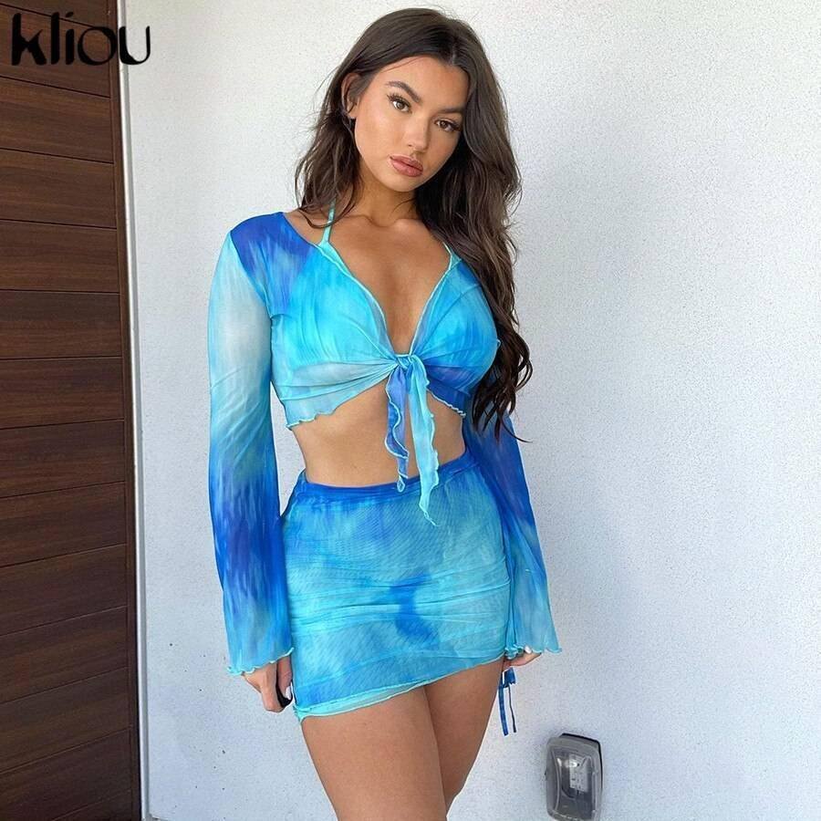 Kliou Printed Mesh Tie Up Top+Skirt Matching Sets Flare Long Sleeve Holiday Club Outfit For Women Casual Drawstring 2 Piece Set