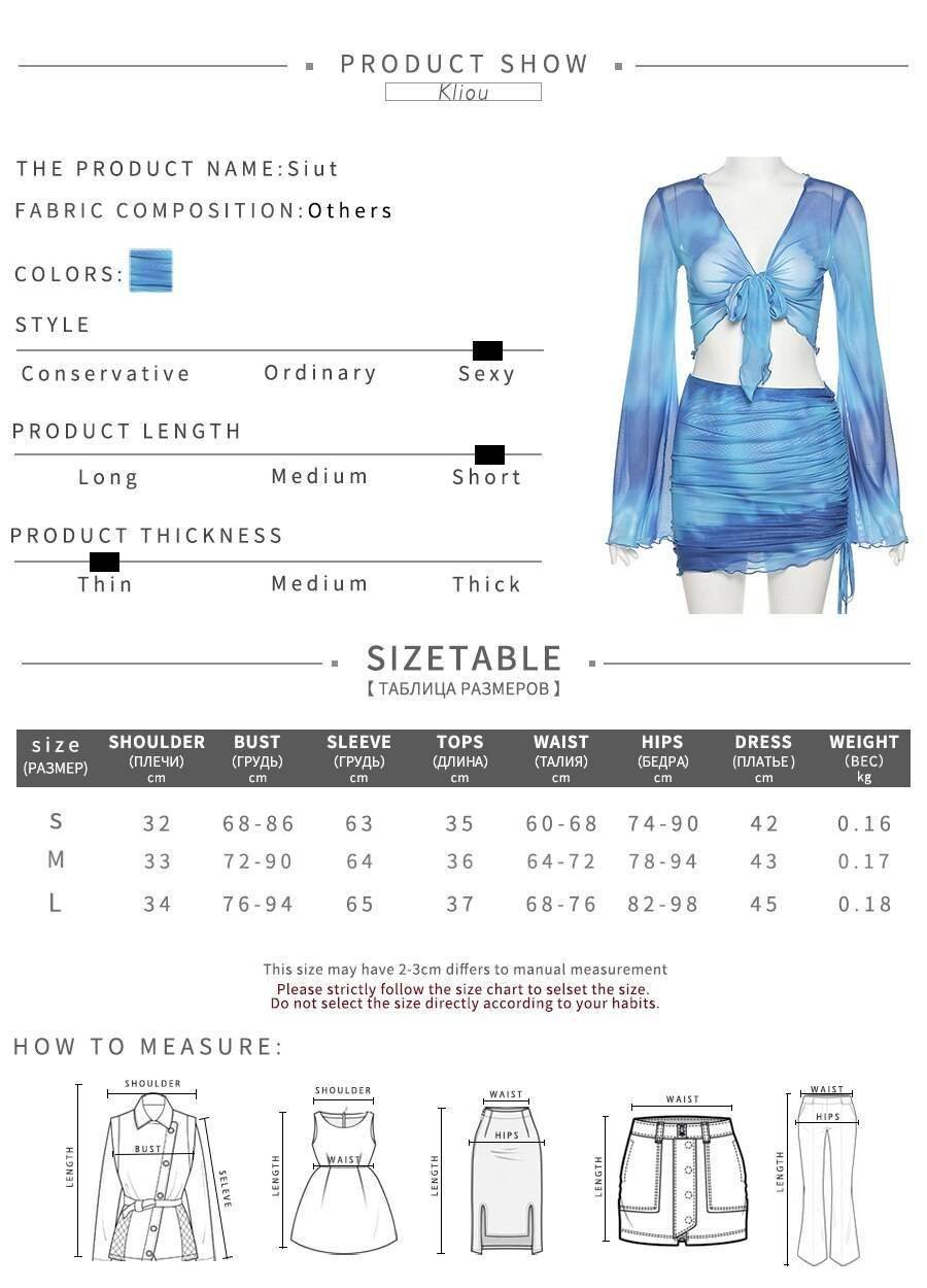 Kliou Printed Mesh Tie Up Top+Skirt Matching Sets Flare Long Sleeve Holiday Club Outfit For Women Casual Drawstring 2 Piece Set