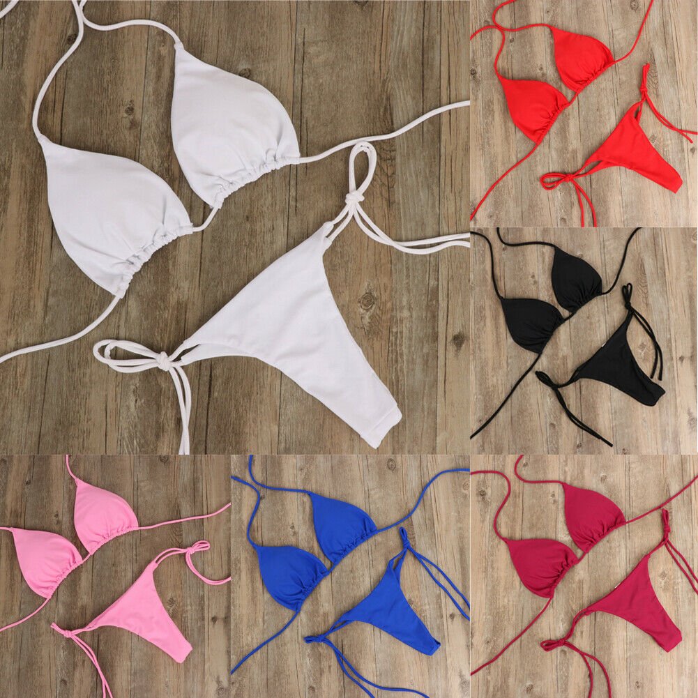 2pcs Sexy Women Swimming Suit Summer Swimwear Bikini Set Bra Tie Side G-String Thong Beach Triangle Suit Swimsuit Bathing Suit