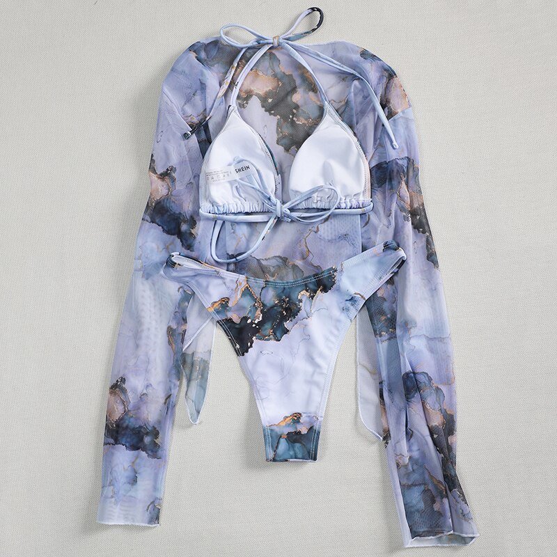 New Sexy Marble Print Push Up bikini Women Swimsuit Female Swimwear 3-piece Bikini set V-Bar Wired Short Skirt Bathing suit Swim